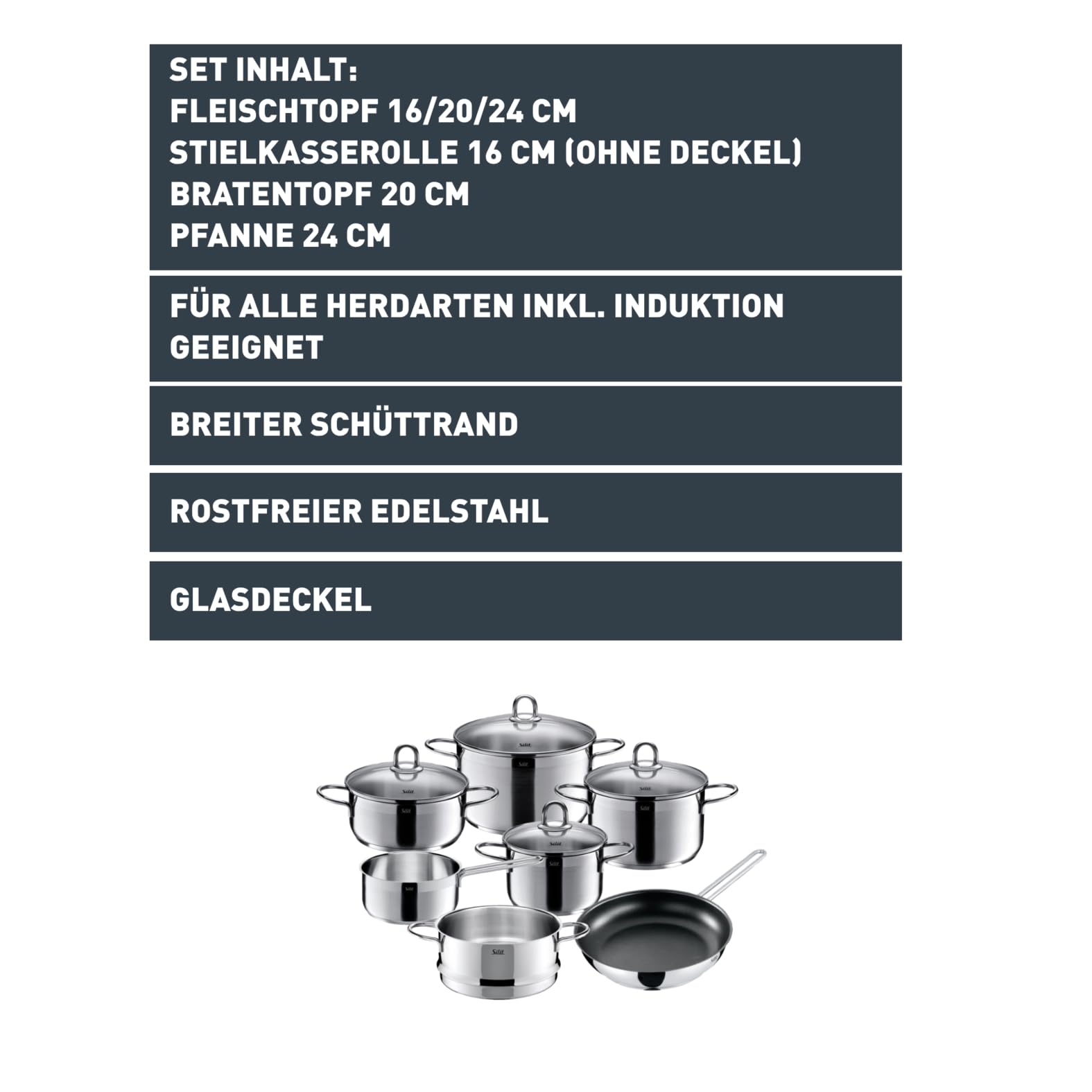 Silit Diamant Topfset Induktion 7-teilig, Kochtopf Set mit Glasdeckel, Pfanne, Dämpfer, Edelstahl poliert, Töpfe Set unbeschichtet