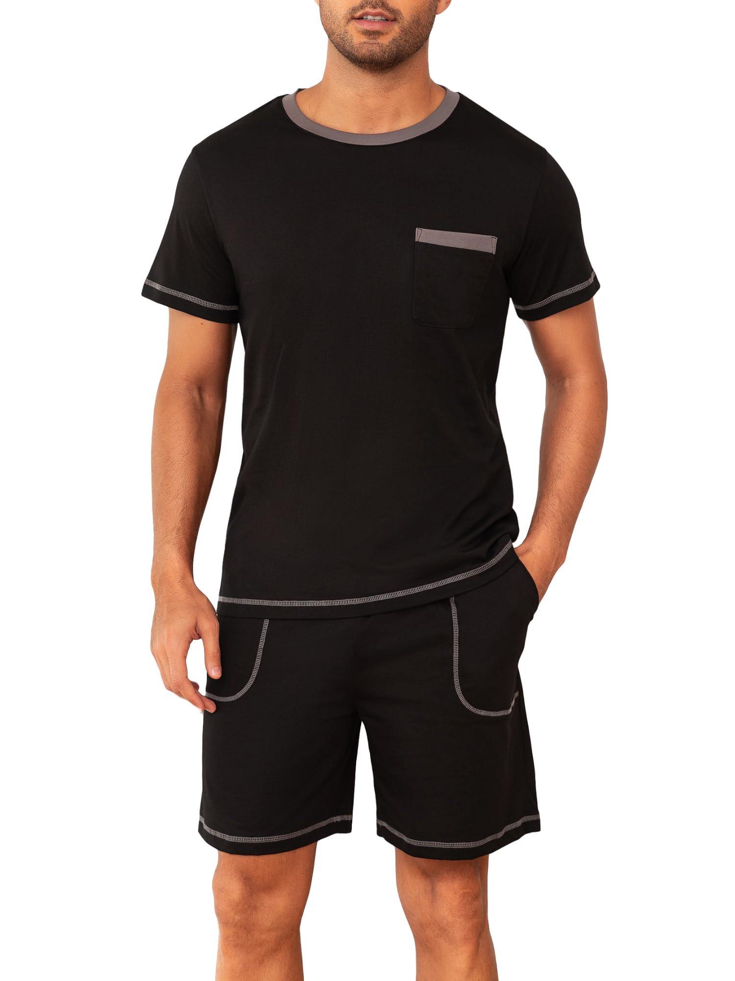 Winovia Schlafanzug Herren Kurz Leichter Sommer Pyjama Set aus 100% Baumwolle, Kurzarm-Shirt und Kurze Hose für Atmungsaktiven Schlafkomfort