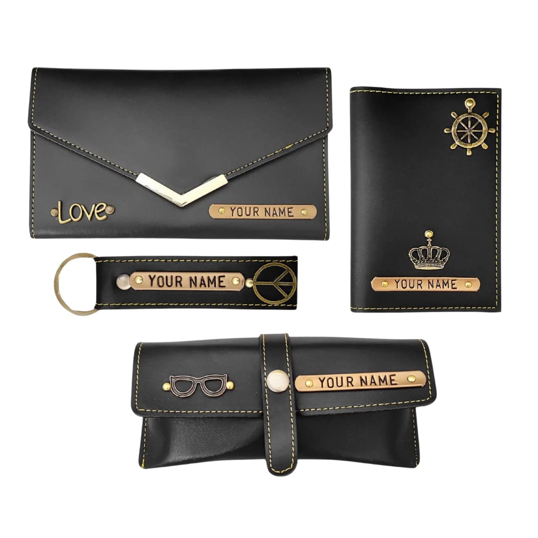 The Bling Stores PU Leather Customized/Personalised All in One Women's Wallet Combo Gift/Leather Wallet, Key Chain, Passport Cover and Eyewear Case - Pack of 4 (Black)