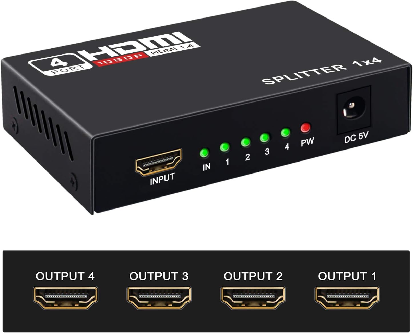 HDMI Splitter 1 in 4 Out -4K Hdmi Splitter 1x4 Ports v1.4 Powered 4K/2K Full Ultra HD 1080p US Adapter 3D Support