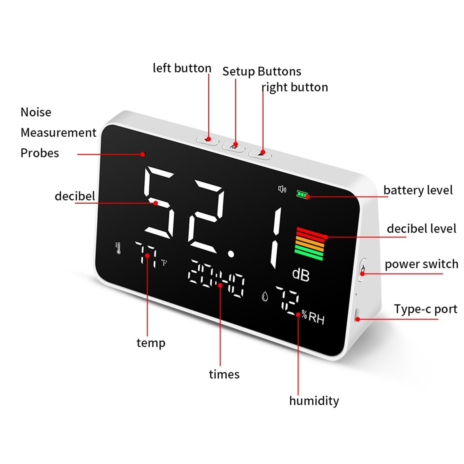 Medidor de Decibelios, Medidor de nivel sonido digital con pantalla LCD grande escritorio, decibelios 30-130 dBA, medidor ruido, comprobador monitoreo