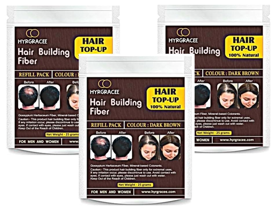 Hyrgracee® Hair Building Fiber Concealer Refill for Unisex Uses to all Branded fill (Dark Brown 25+25+25 gram) Pack of 3, 75 gram-image-13