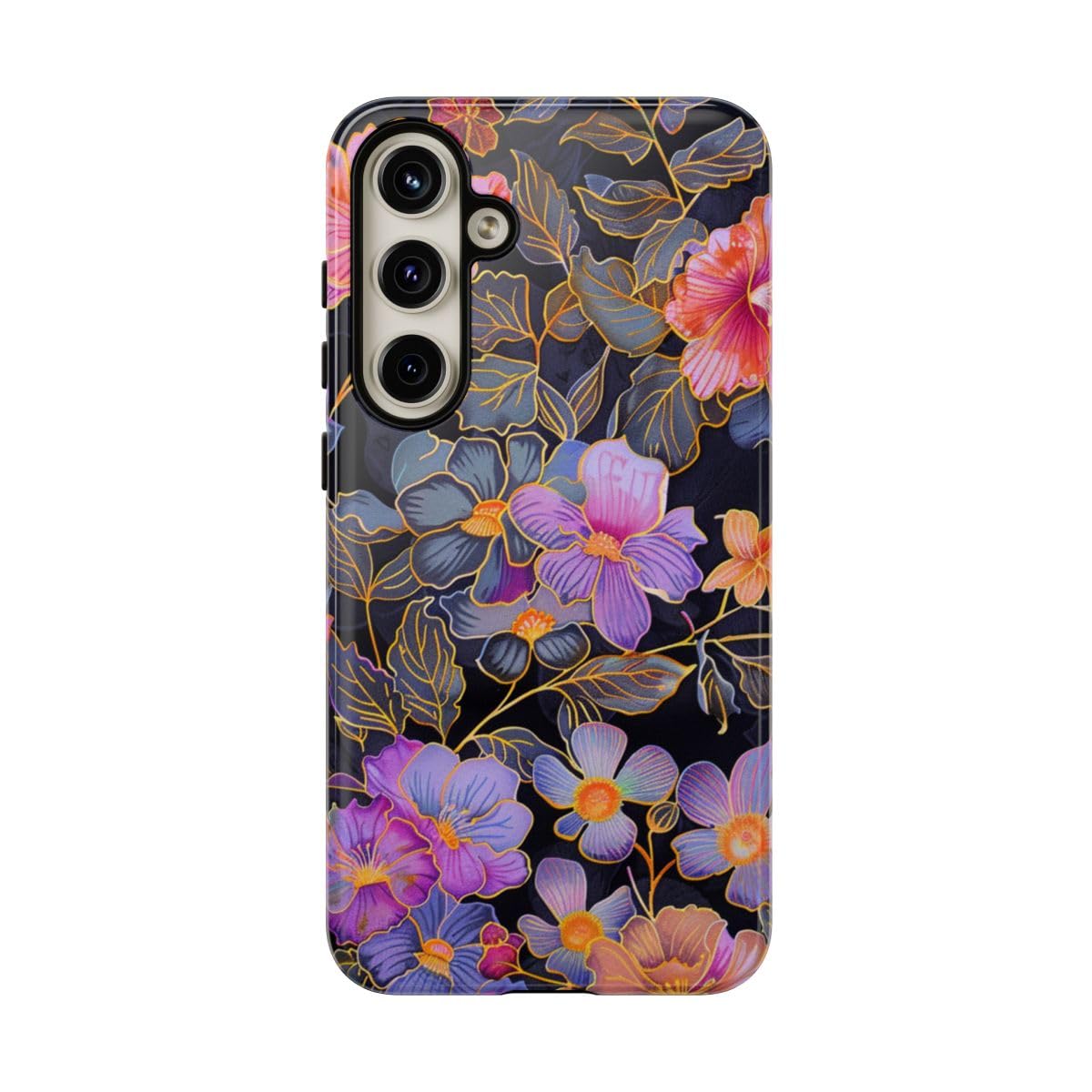 Coque Samsung S24 Plus fleurs coque rigide noire chic tendance