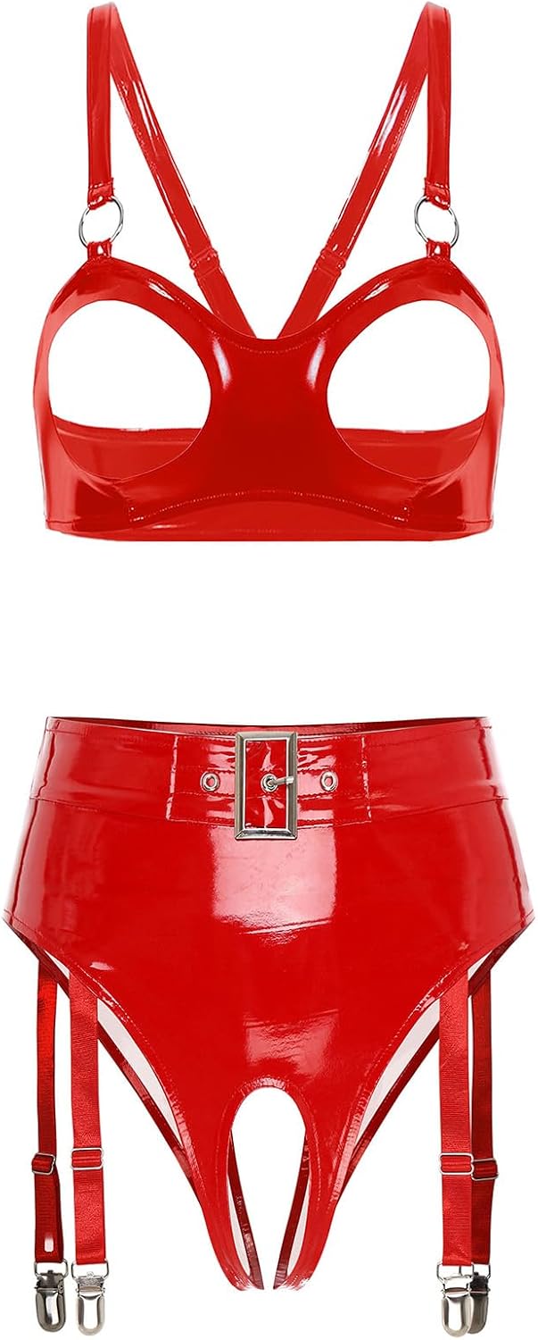 Jhaoyu Women Latex Lingerie Set Teddy Shiny Metallic Hollowing Out Clubwear PVC Wet Look Leather Sleepwear