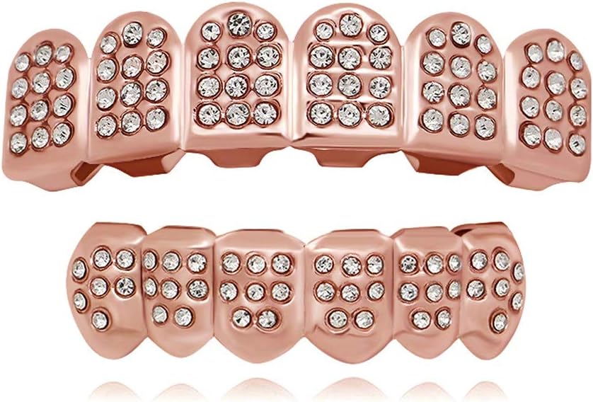 LuReen 14k Gold 6 Teeth Grillz Hip Hop Joker Diamond Top & Bottom Teeth Caps Grillz Set
