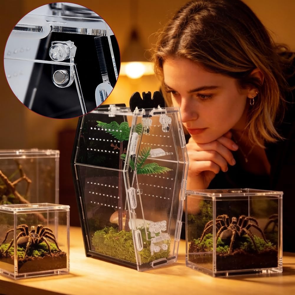 AHANDMAKER Gothic Coffin Spider Enclosure, Large Jumping Spider Insect Terrarium with Feeding Holes Clear Acrylic Front Opening Door Reptile Habitat for Spiders Tarantula Mantis Beetle, 7x4x3.94 Inch