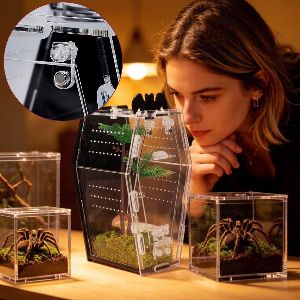 AHANDMAKER Springspinne Gehäuse, Gotischer Sargförmiger Insekten Terrarium mit Fütterung Löchern Klar Acryl Reptil Lebensraum für Tarantula Mantis Käfer