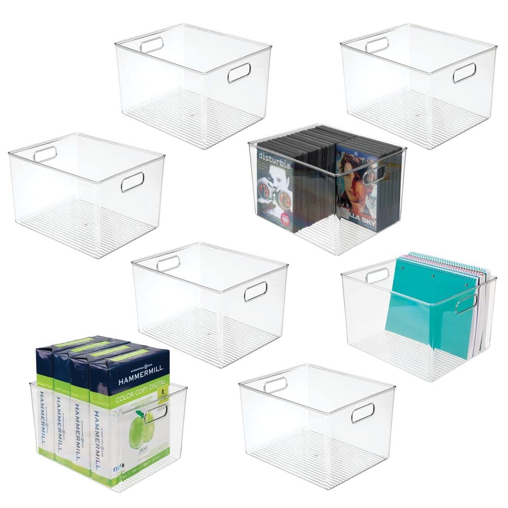 mDesign Small Modern Stackable Plastic Storage Organizer Bin Basket with Handle for Home Office Organization - Shelf, Cubby, Cabinet, and Closet Organizing Decor - Ligne Collection - 8 Pack - Clear