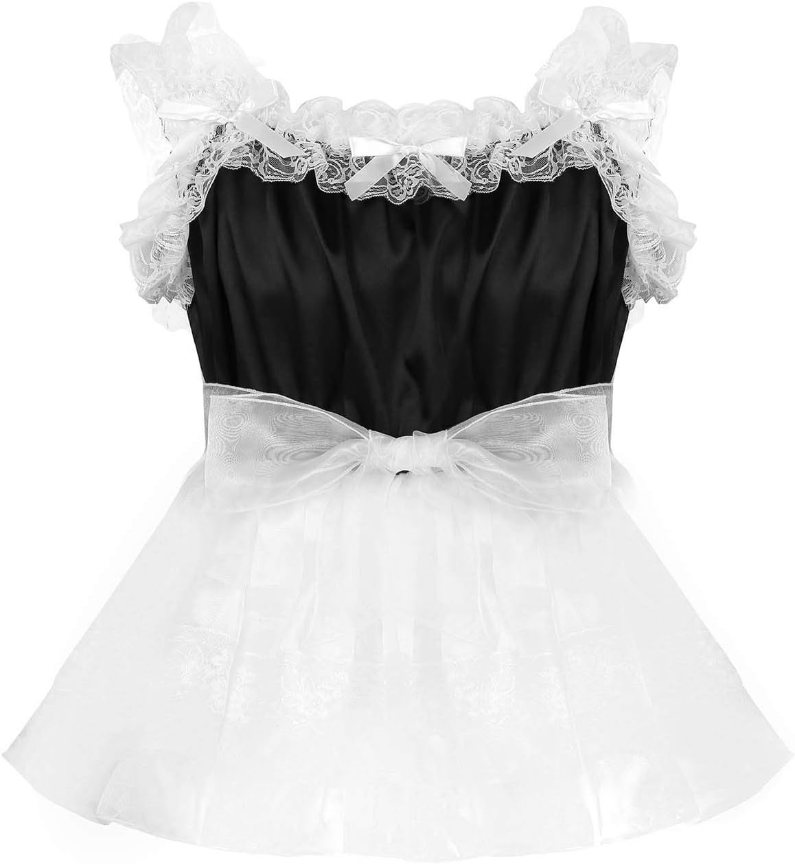 Men's Sissy Crossdress Lingerie Frilly Satin Lace Tulle Mini Dress Smooth Nightdress Babydoll