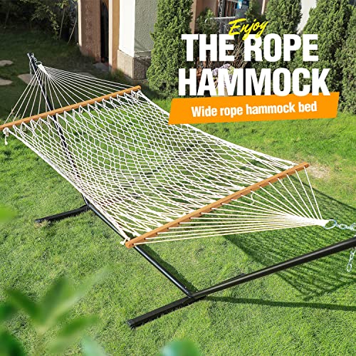 Double Outdoor Hammock with Stand, 2 Person Cotton Rope Hammock with Polyester Pad and Pillow for Backyard Porch Patio Garden - Image 6