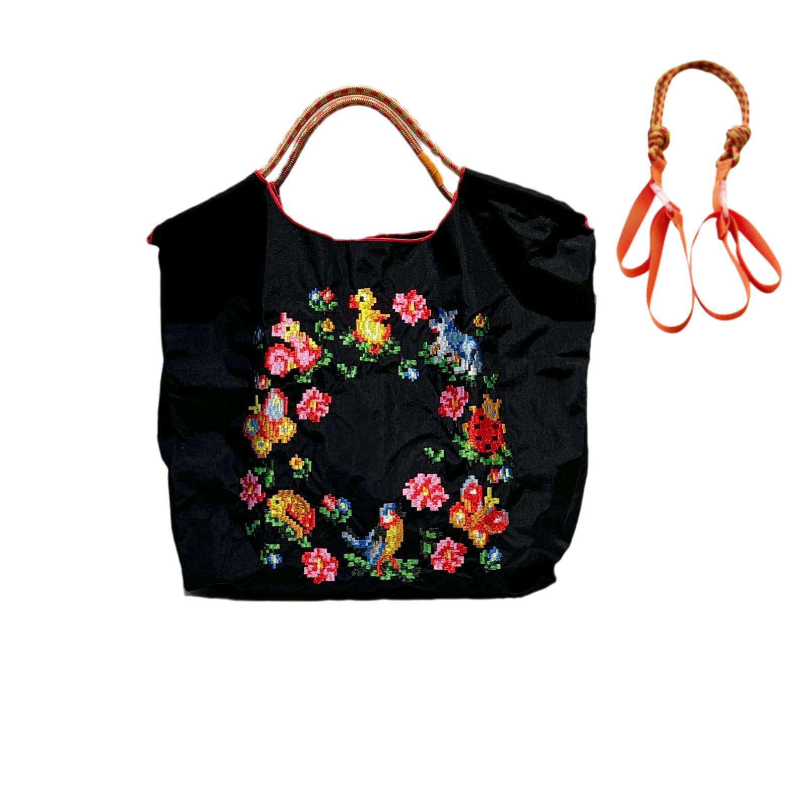 [aninako] エコバッグ 折りたたみ式 大容量 刺繍入り お洒落 コンパクト 繰り返し使用可能 無地 軽量 ショッピング/買い物/アウトドア対応 環境配慮 ナイロン製 洗える 携帯便利 (【ブラック】＋橙色締紐)