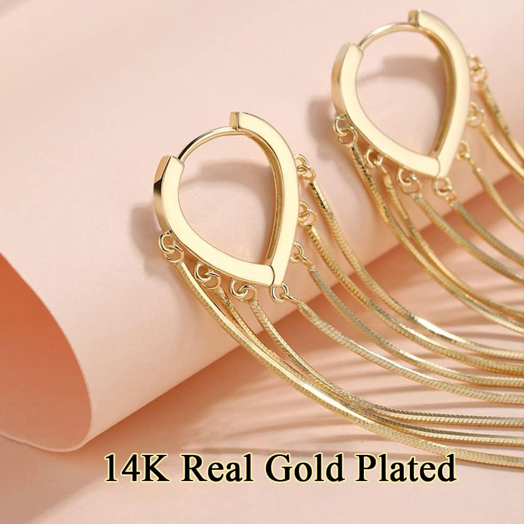 Kesaplan Women's Sterling Silver Dangle Tassel Earrings, 925 Silver Chandelier Earrings, Long Gold Tassel Earrings, 4.5 in - Image 3