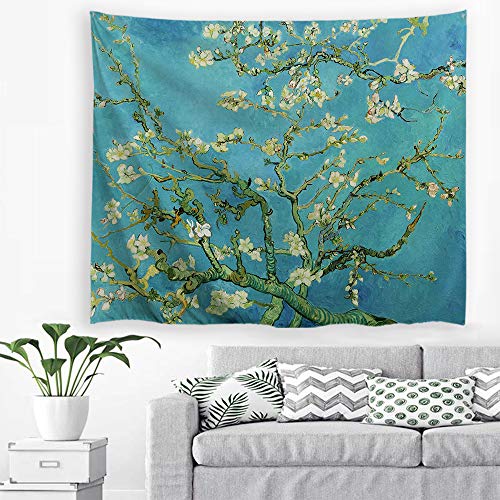 PROCIDA Van Gogh Tapestry Wall Hanging Almond Blossom Oil Painting Nature Plant Floral Wall Art Home Decor for Dorm Bedroom Living Room, 60" W x 51" L, Almond Blossom