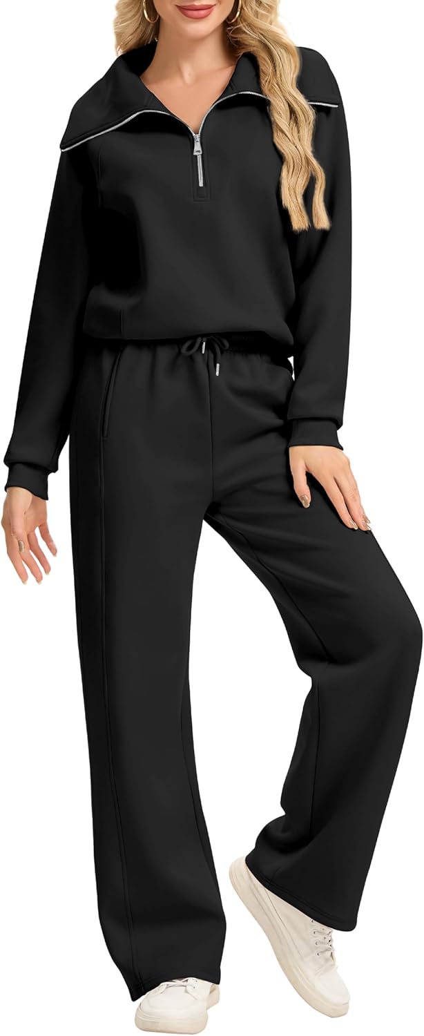 Motarto Women's 2 Pcs Outfits Sweatsuit Set Oversized Lapel Half Zip Sweatshirt Wide Leg Sweatpants Lounge Matching Tracksuit