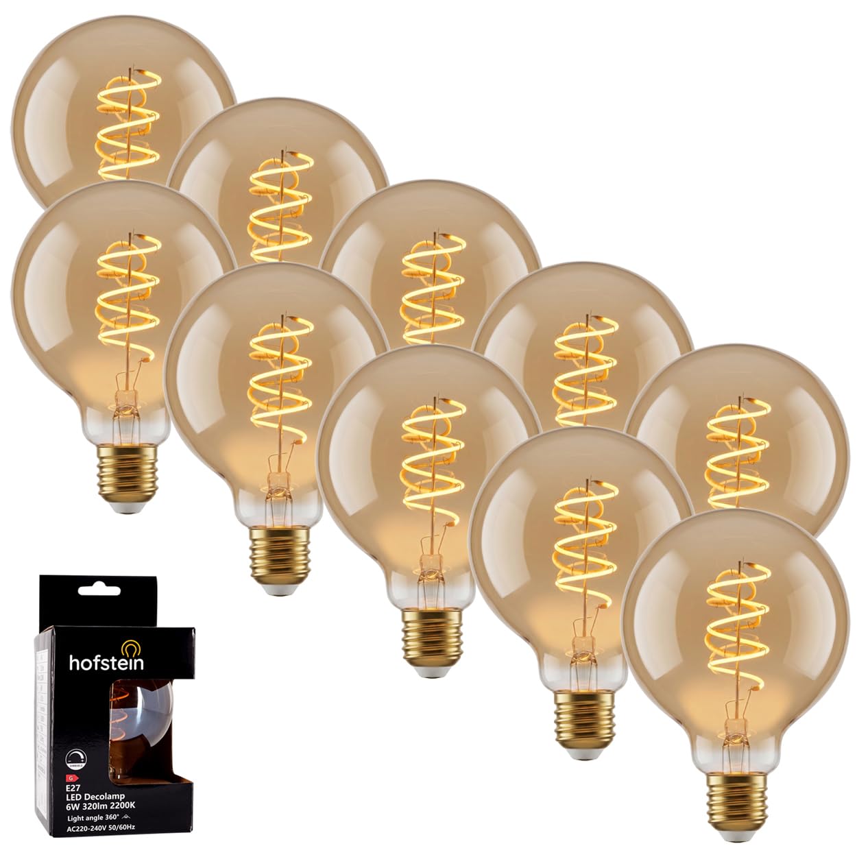 HOFSTEIN E27 LED Warmweiss Glühbirne Vintage Kugel Leuchtmittel 10er Set, Dekorative Bernsteinfarbene Retro Lampe 6W, 320 Lumen, 2200 Kelvin, G95, Ersatz für Klassische Edison Birnen