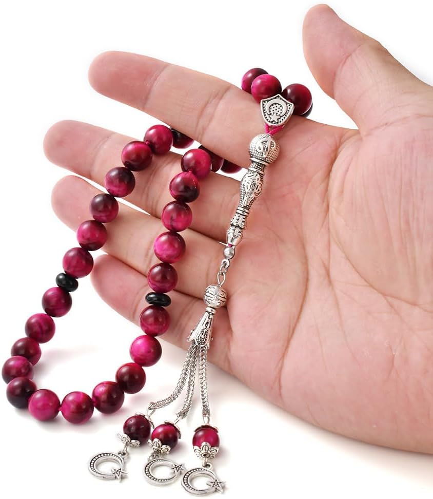 TAS B Tasbih Prayer Beads 33 Pink Tiger Eye Stone (33 Beads - 10 mm) - Masbaha Muslim Rosary - Zikr, Dhikr Subha - Chapelet - Tasbeeh - Islamic Gifts for Women - Handmade Sibha - Eid Gifts