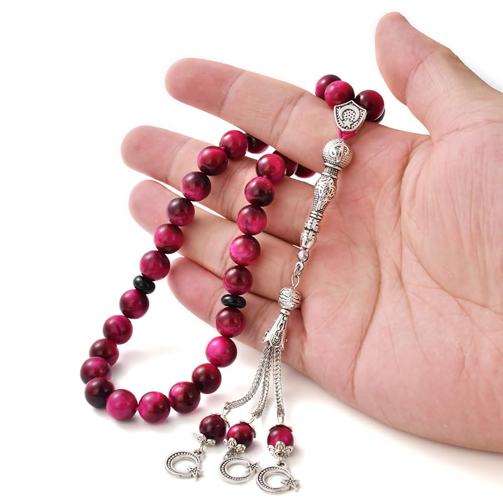 Tasbih koraliki modlitewne 33 różowe tygrysie oko kamień (33 koraliki - 10 mm) - Masbaha muzułmańskie koraliki modlitewne - Tesbih - Zikr, Dhikr Subha - Chapelet - Tasbeeh - islamskie prezenty dla