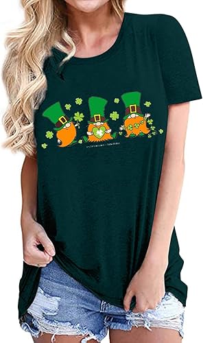 TREBIN Camisetas para mujer para el día de San Patricio de manga corta con estampado lindo cuello redondo hombros delanteros retro