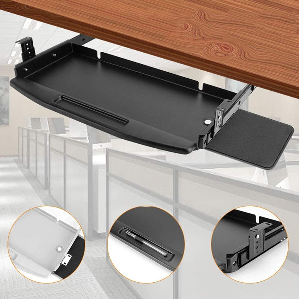 Under Desk Ergonomic Keyboard Tray Desktop Computer Keyboard Tray Pull-Out Sliding Keyboard-Mouse Tray (B | black) (A|white)