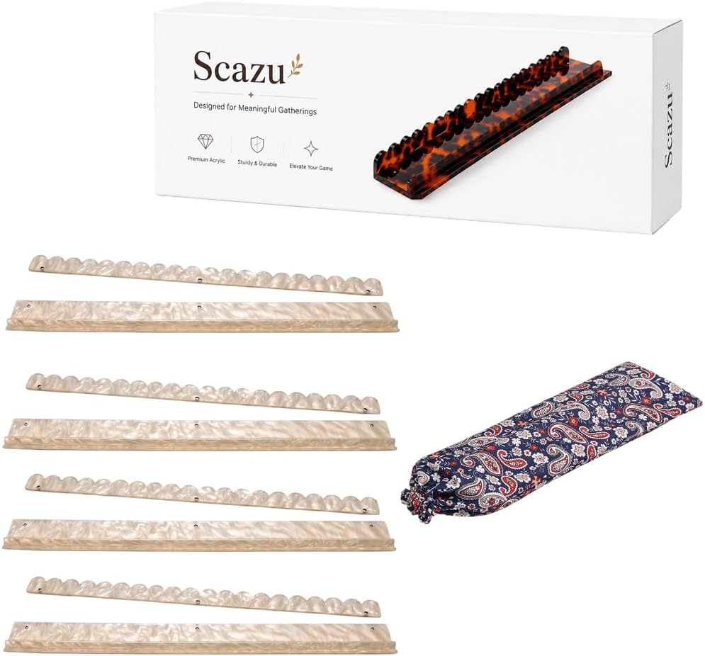 Scalloped Mahjong Racks with Magnetic Pushers, 17.5"/20" Tortoise Shell Acrylic Mahjong Racks 1PCS / Set of 4, Thickened Non-Slip Acrylic American Mahjong Tile Racks (Pearl, Set of 4, 20in)