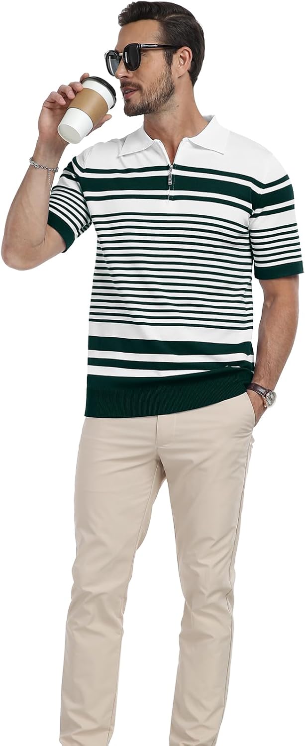 KUYIGO Men's Knit Collared Polo Shirts Short Sleeve Zipper Striped Tops Classic Fit Casual Soft T-Shirt - Image 6