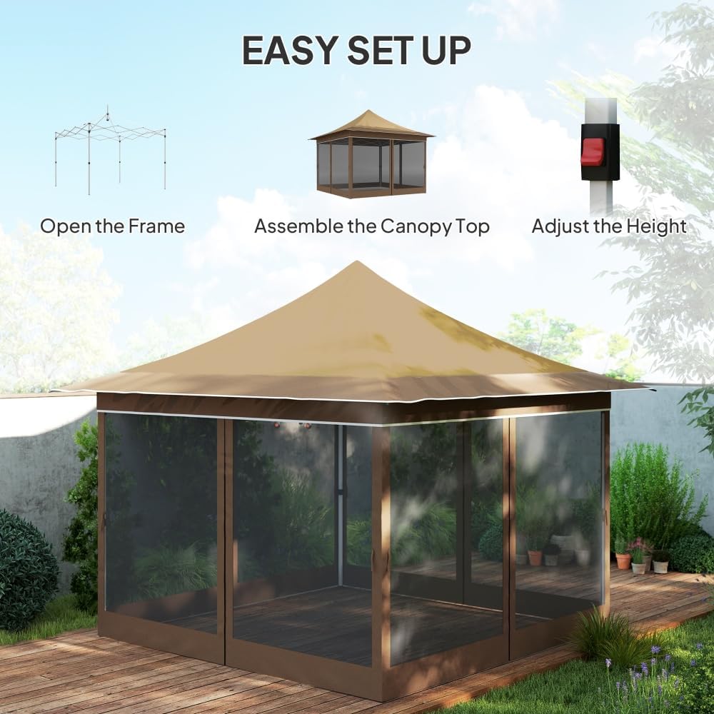 Adjustable Height Pop Up Canopy Tent with Mesh Netting for Garden and Patio Use