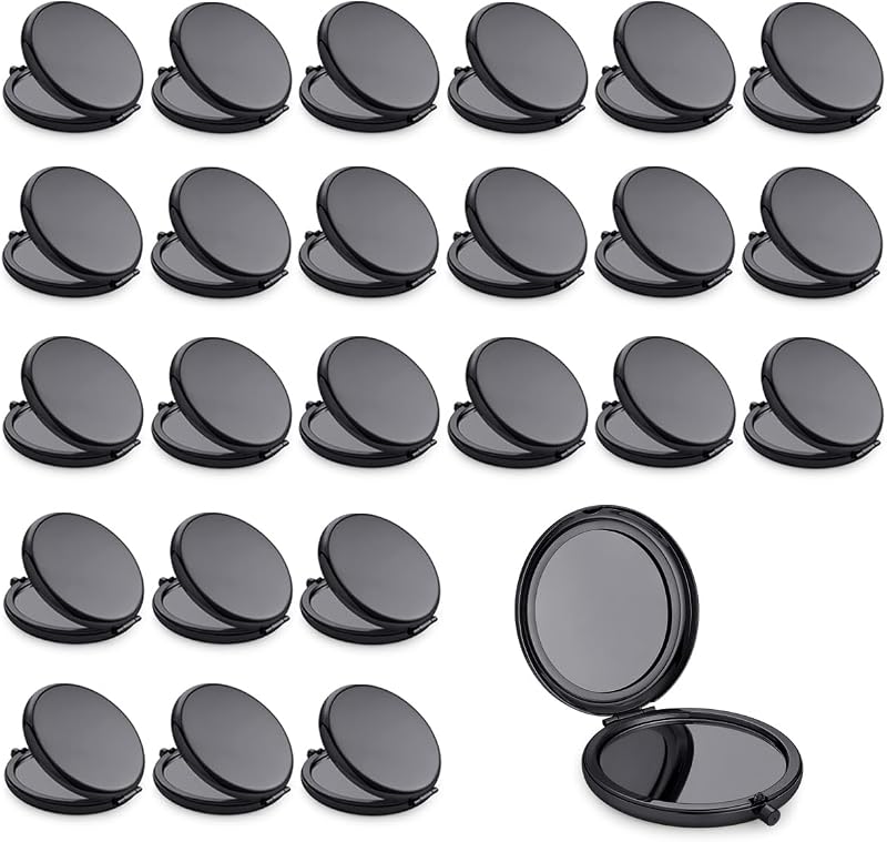 Espelho compacto redondo MLLXX em metal, dupla face 1X/2X, preto, pacote com 24
