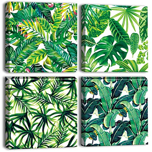 Artscope 4-Piece Canvas Pictures with Green Leaves Motif, Art Print, Modern Wall Picture for Kitchen, Bathroom, Living Room, Wall Decoration, 30 x 30 cm