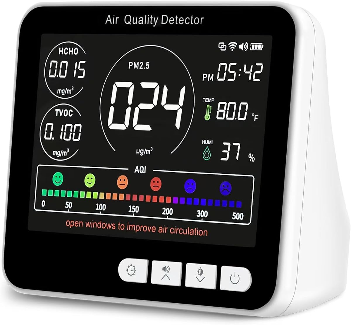 Monitor de calidad del aire 14 en 1 para interiores con alarma de pitido, detector de calidad del aire 6 AQI con PM1.0|PM2.5|PM10|HCHO|TVOC|AQI|Temperatura|Humedad|Tiempo para el hogar, hotel, oficina, automóvil, monitor de aire con batería