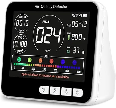 BIBIRE 14-in-1 Air Quality Monitor Indoor with Beep Alarm, 6 AQI Air Detector with PM1.0|PM2.5|PM10|HCHO|TVOC|AQI|Temperature|Humidity|Time for Home, Hotel, Office, Car, Battery Powered