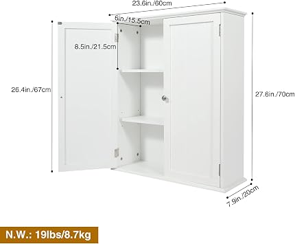 27.6in Length Bathroom Cabinet Wall Mounted,Over Toilet Storage Cabinet with 2 Doors and Adjustable Shelves,Wood Medicine Cabinet for Bathroom, White