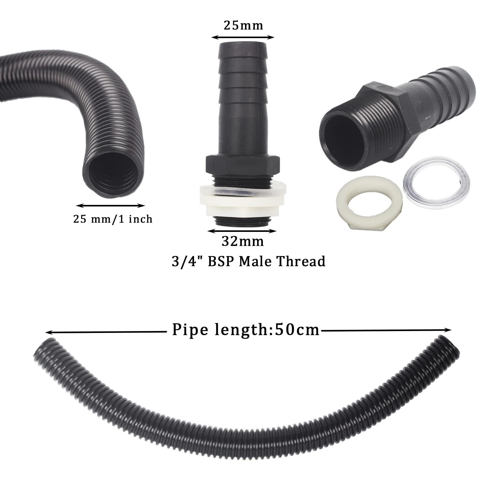 Water Butt Connector Kit, 25mm Downpipe Water Butt Filler Kit With 50cm Connection Hose Pipe
