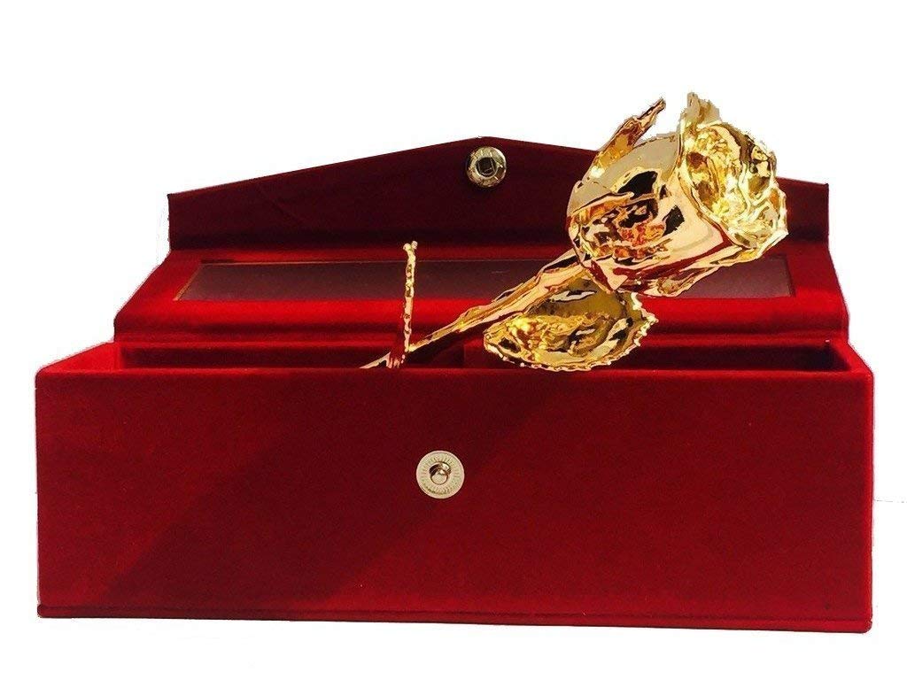 Rose naturelle plaquée or 24k et son écrin de velours rouge prestigieux