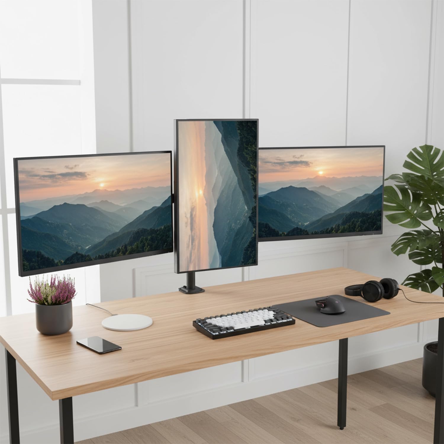 Maclean MC-137 - Supporto per 3 monitor da 17 a 27", con molle a gas, regolabile in altezza, girevole, inclinabile, robusta struttura in acciaio, VESA 75 x 75, 100 x 100, gestione dei cavi, nero