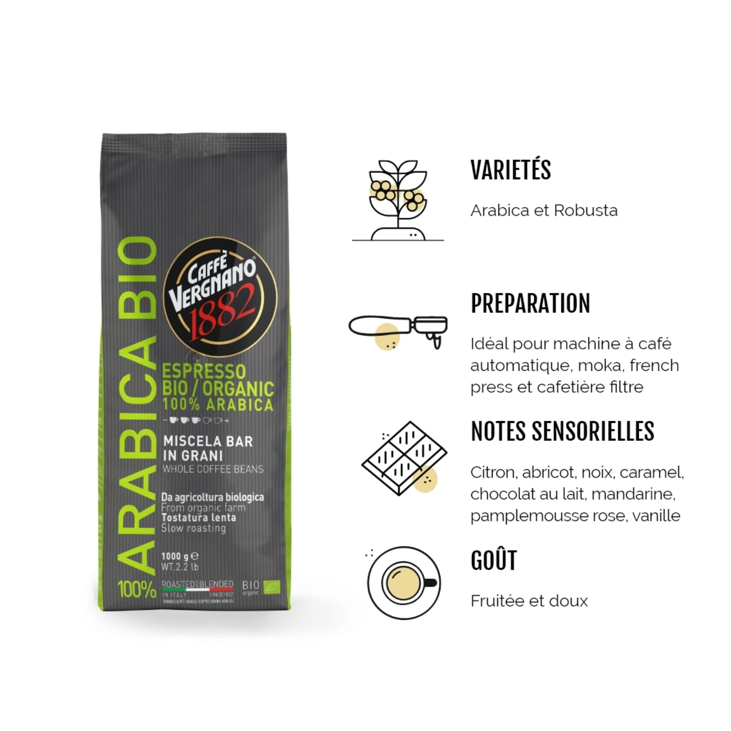 Caffè Vergnano 1882 - Café en grains 100% Arabica Bio - 1 Paquet de 1 Kg