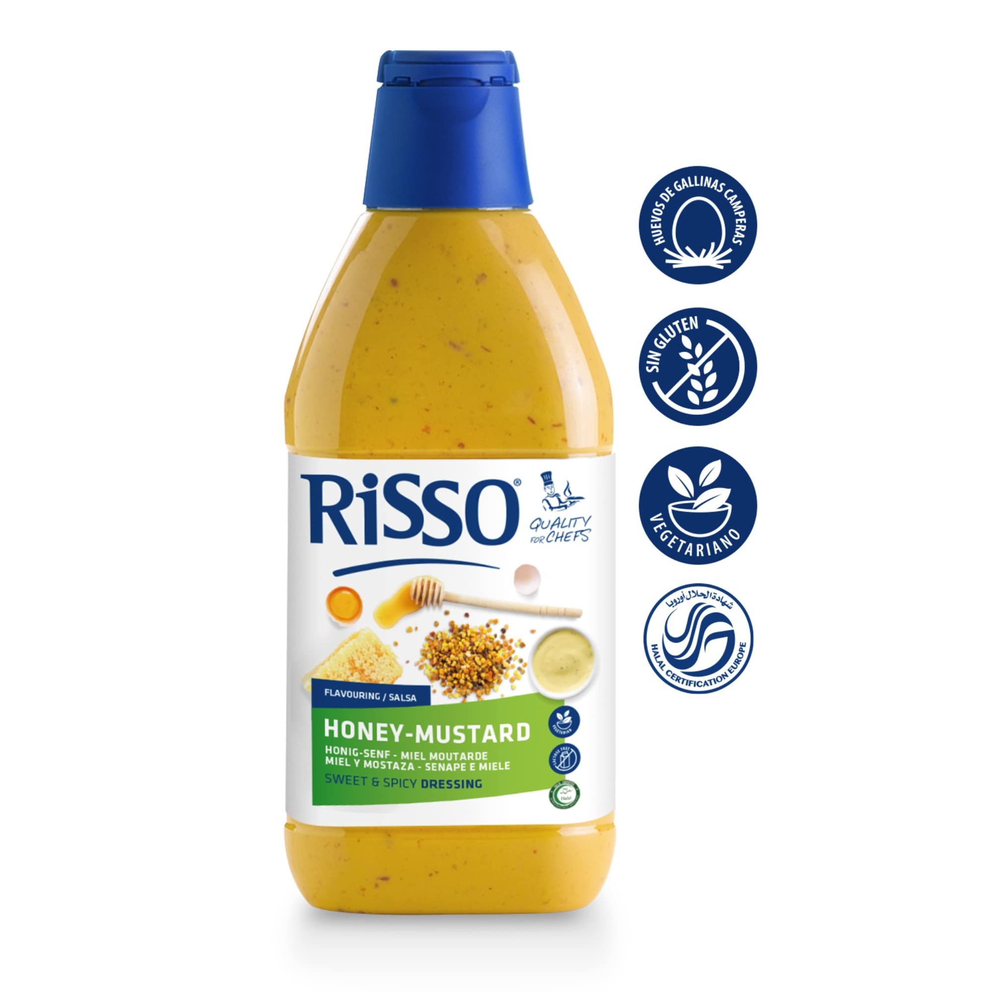 Miel Mostaza - Salsa de Mostaza y Miel con Semillas de Mostaza de Dijon - Pack de 6 Botes de 750 ml - Producto Vegetariano y Sin Gluten - Delicioso e Intenso Sabor - Risso