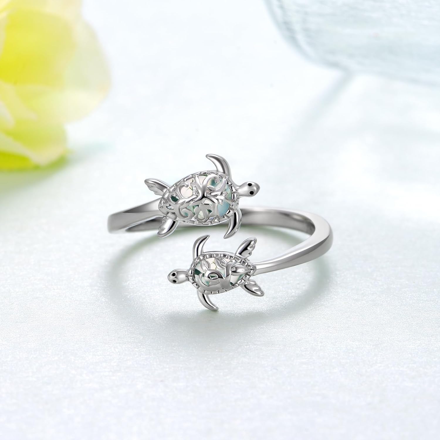 Sea Turtle Ring 925 Sterling Silver Mother Daughter Rings Adjustable Moss Agate Ocean Animal Ring Sea Turtle Jewelry Gifts for Women - Image 2