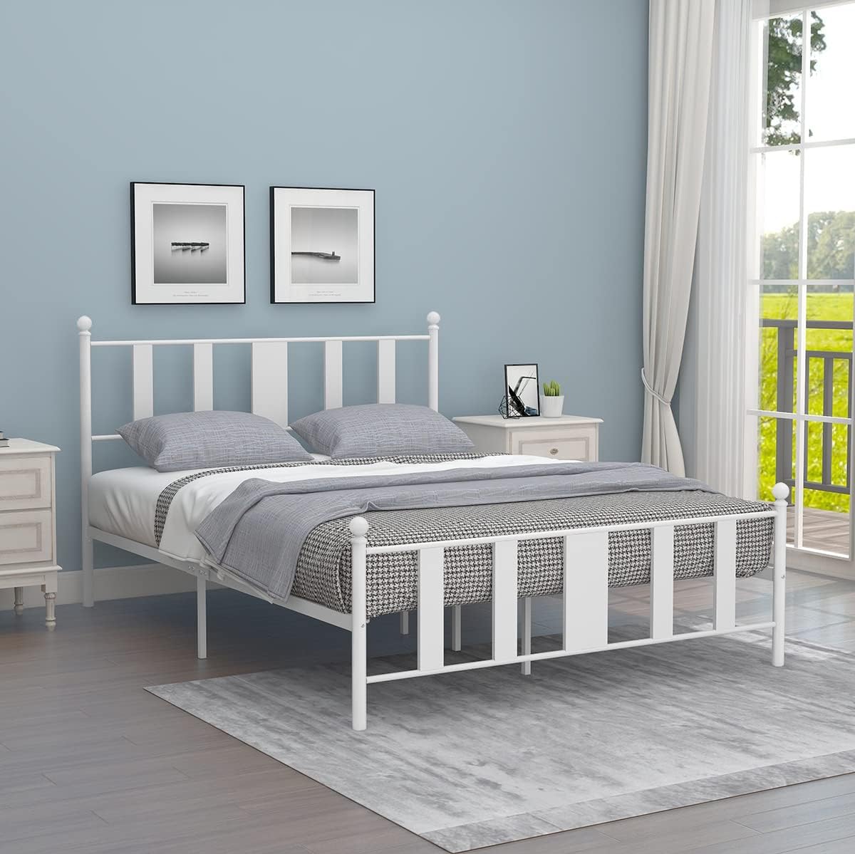 Queen Size Metal Bed Frame with Victorian Vintage Style Headboard and Footboard, Base Bed Frame No Box Spring Needed, Platform Bed with 10 Under-Bed Storage (White, Queen)