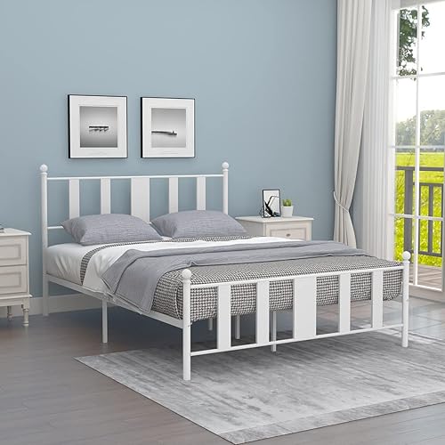Miniatura 11 de Base de cama de metal tamaño Queen con cabecero y estribo de estilo vintage victoriano, base de cama no necesita somier, cama de plataforma con 10