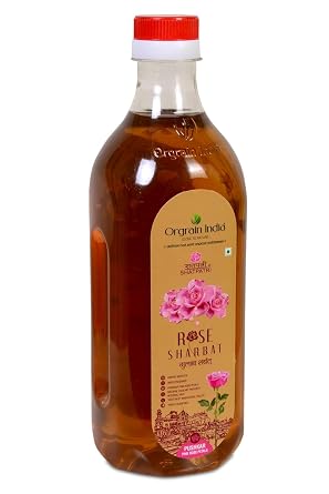 Orgrain India Pushkar Raj Rose (Gulab) Sharbat, 33.8 fl oz, With Pink Rose Petals | Mix with Water, Milk, Ice Creams, Faloodas, Mock Tails, Desserts & Sweets