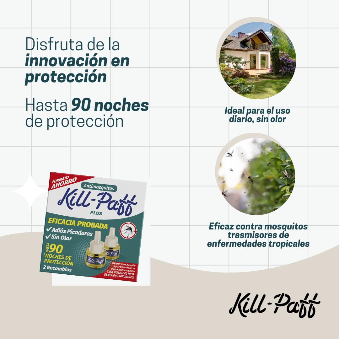 KILL-PAFF | Antimosquitos Eléctrico | Protección Eficaz Contra Mosquitos Tigre y Transmisores de Enfermedades Tropicales | Sin Olor | 90 Noches de Protección | 2 Recambios 33 + 33 ml