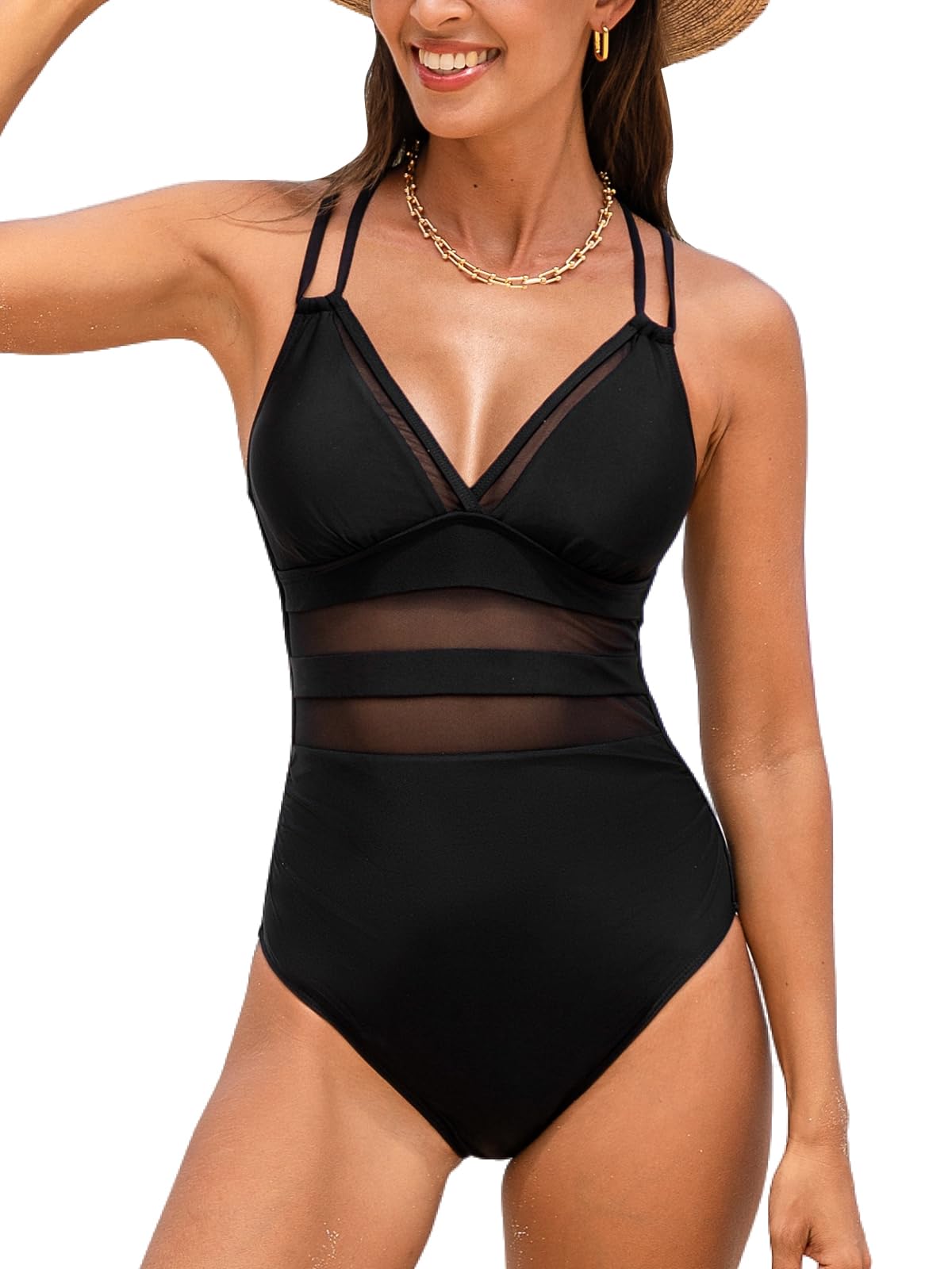 CUPSHE Damen Badeanzug V Ausschnitt Netzstoff Zierausschnitte Doppelträger Strandmode Einteilige Bademode Swimsuit Schwarz L