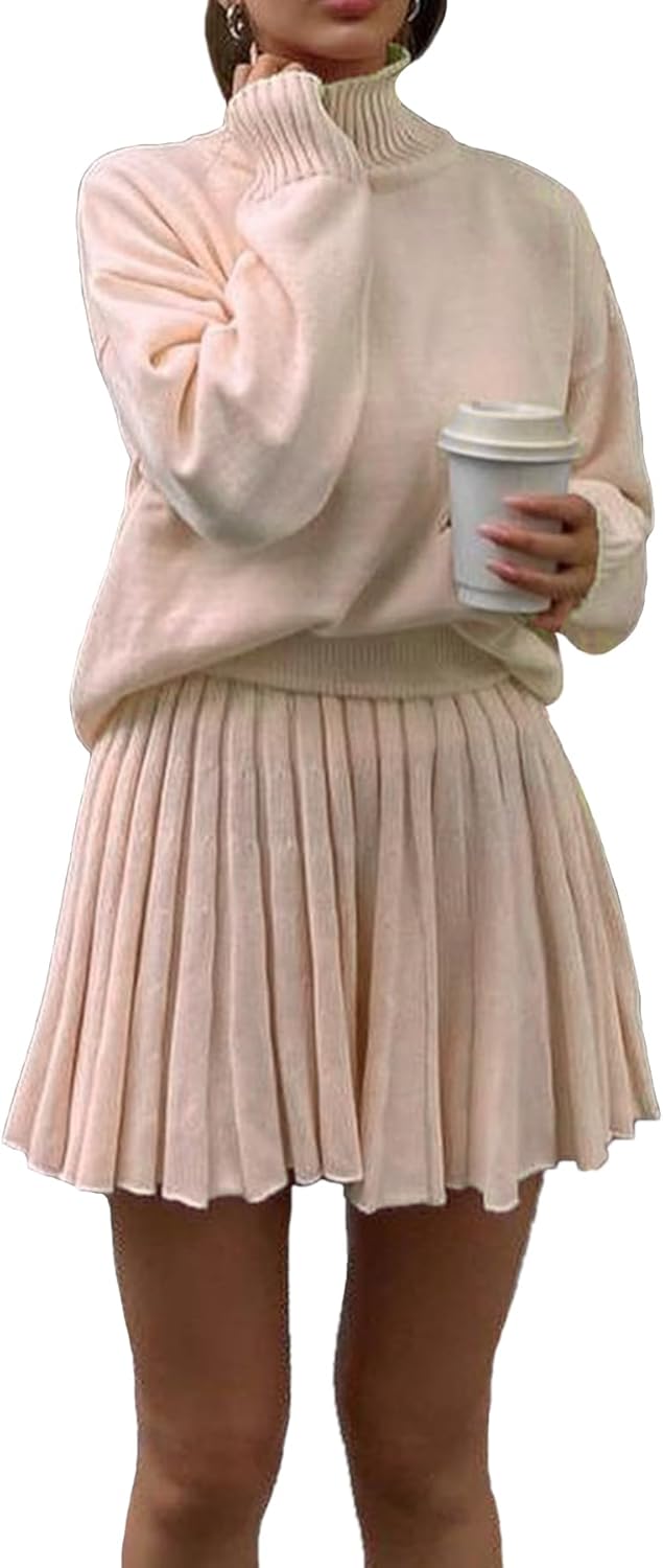 Jenisso Women's 2 Piece Outfits Turtleneck Long Sleeve Oversized Pullover Sweaters and Pleated Mini Skirt Two Piece Sets - Image 2