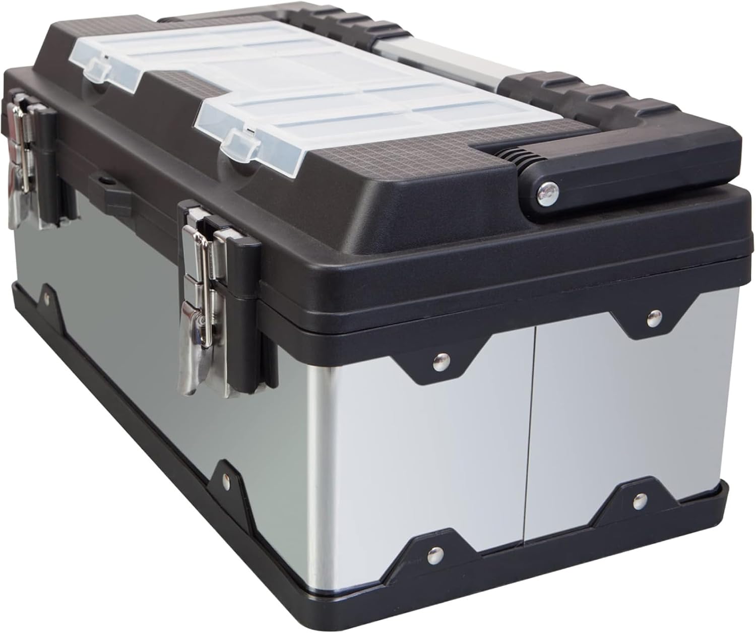 ROAD DAWG A5519BD-1 Torin 18″ Stainless Steel Portable Storage Tool Box Organizer: Metal Lock, Clear Lid Compartments and Removable Tray – Stainless Steel/Black