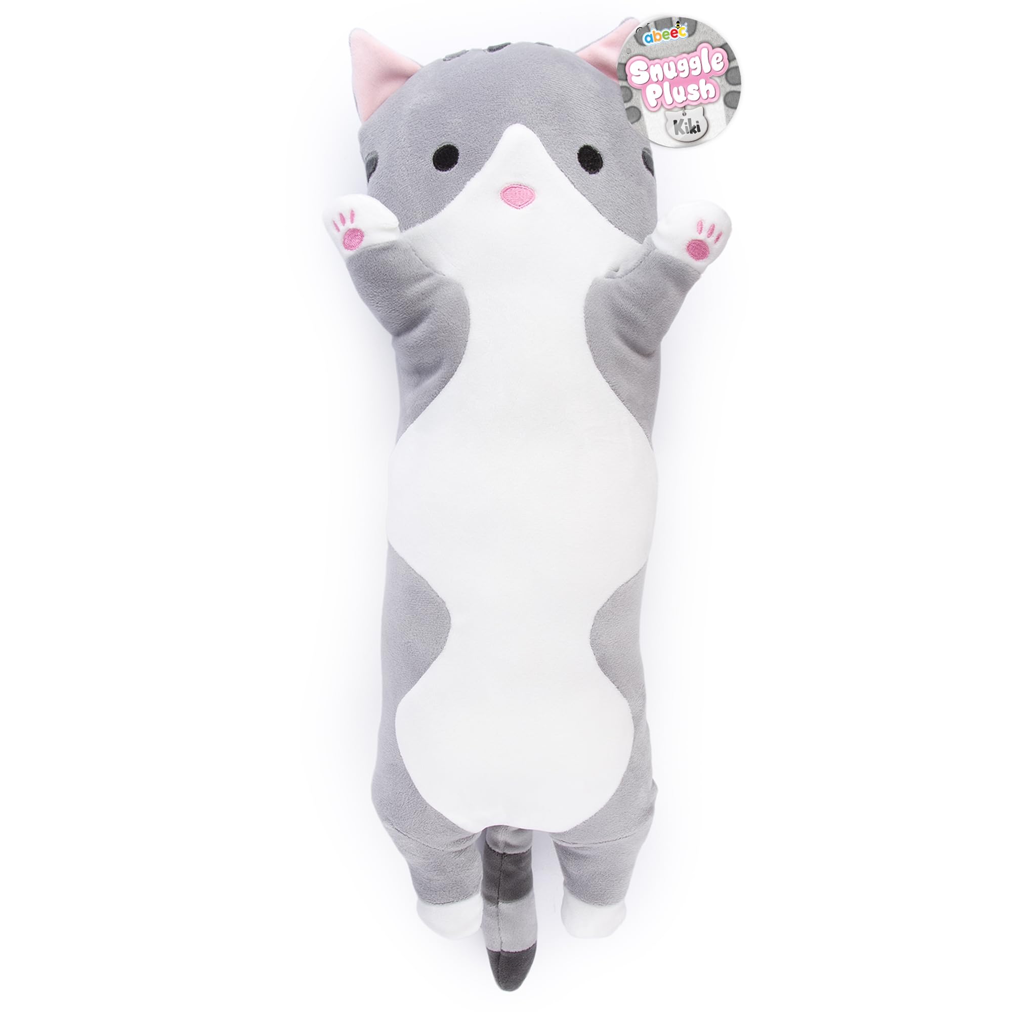 abeec 45cm Cat Snuggle Plush | Kiki the Grey Tabby | Soft Hugging Pillow Plushie | Long Stuffed Animal Cuddle Toy | Embroidered Face | Bedtime Comfort Gift