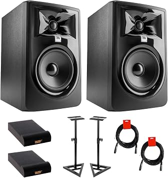 JBL 305P MkII Powered 5" Studio Monitor Pair Bundle with Studio Monitor Stands Pair, 2X Small Pads & XLR-XLR Cable