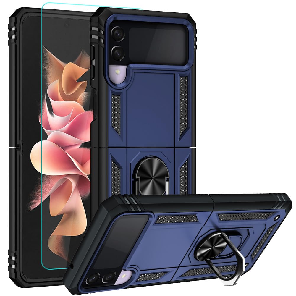 Androgate Designed for Samsung Galaxy Z Flip 3 Case, with 3D Curved HD Screen Protector, Military-Grade Ring Holder Kickstand 15ft Drop Tested Phone Cover Case for Samsung Z Flip 3 Blue