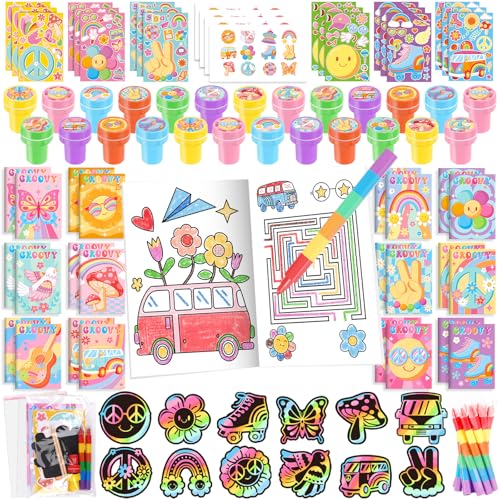 BenLouis 84 Pcs Hippie Boho Party Favors Set Groovy Coloring Books Bulk for Kids Classroom Retro Daisy Birthday Gift Party Candy Goodie Bag Fillers Flowers Gift Decor Pinata Prize Activity Supplies