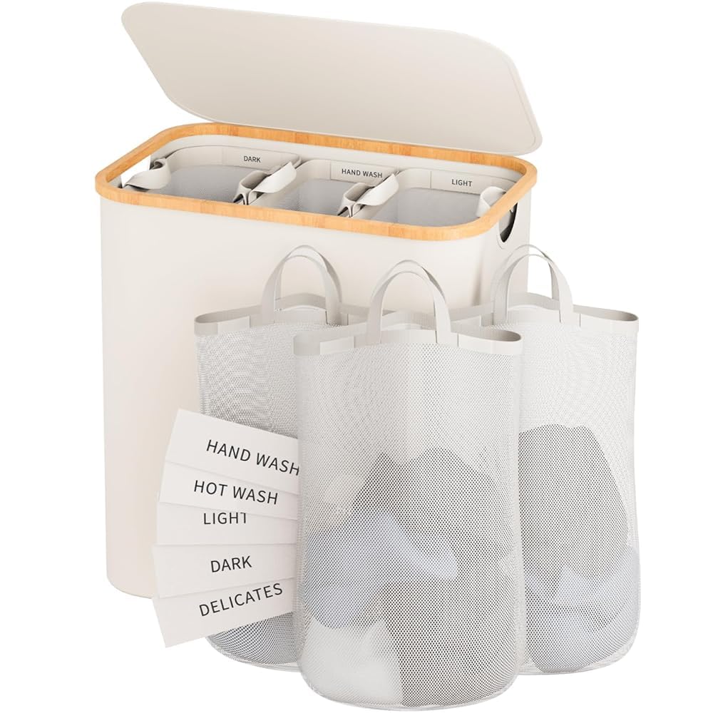 Bathola Large Laundry Hamper with Lid, hamper for Laundry Basket with 3 Section(145, cream)