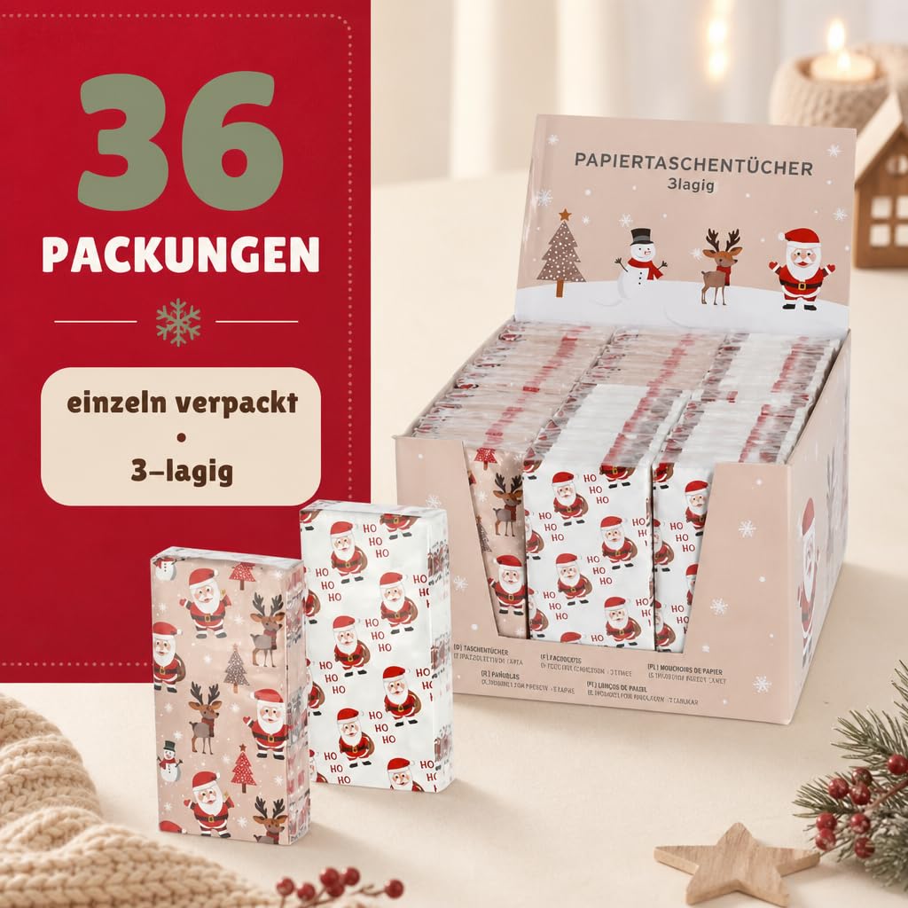 MIJOMA Set di fazzoletti di carta Ho Ho Ho Ho, 3 veli, 36 confezioni, stampati bianchi, pensierini di Natale, regali di Babbo Natale, desideri di guarigione, pratici e morbidi